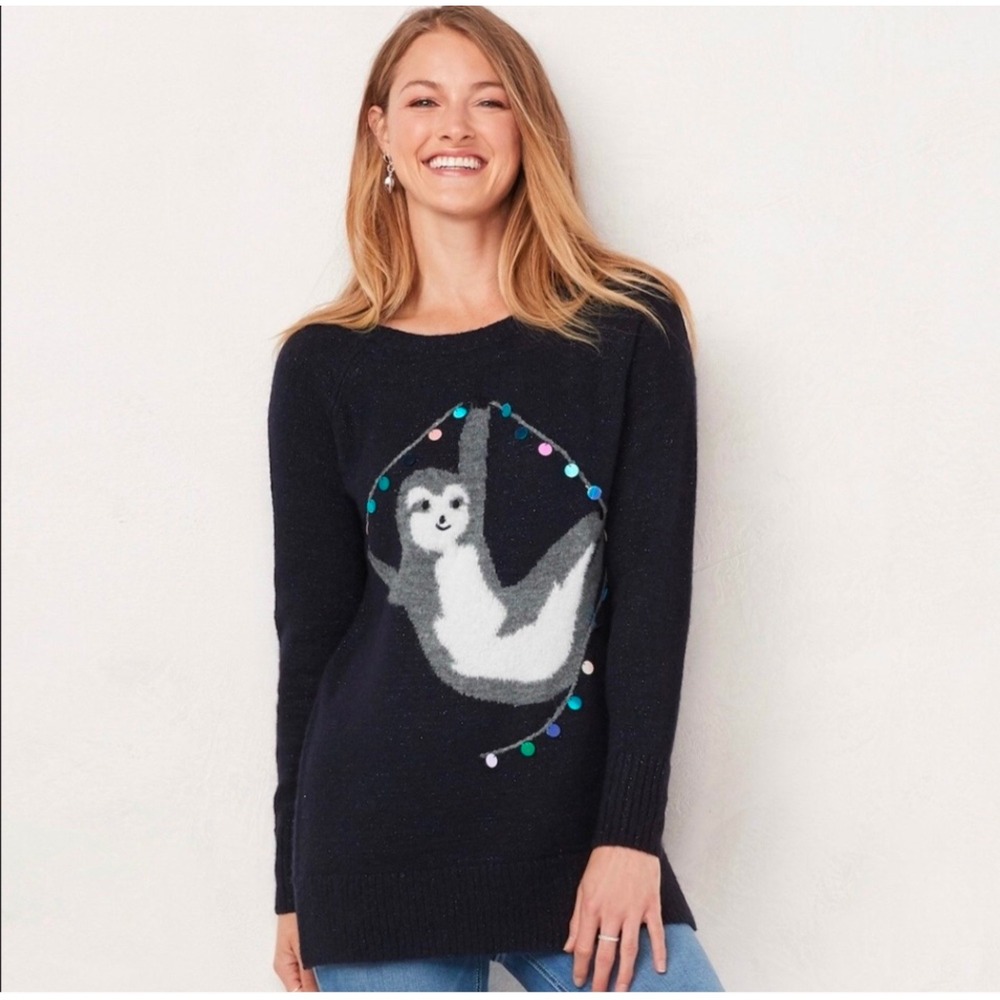 LC Lauren Conrad Womens M Sweater Medium Blue Sloth Sequined Holiday Long Sleeve